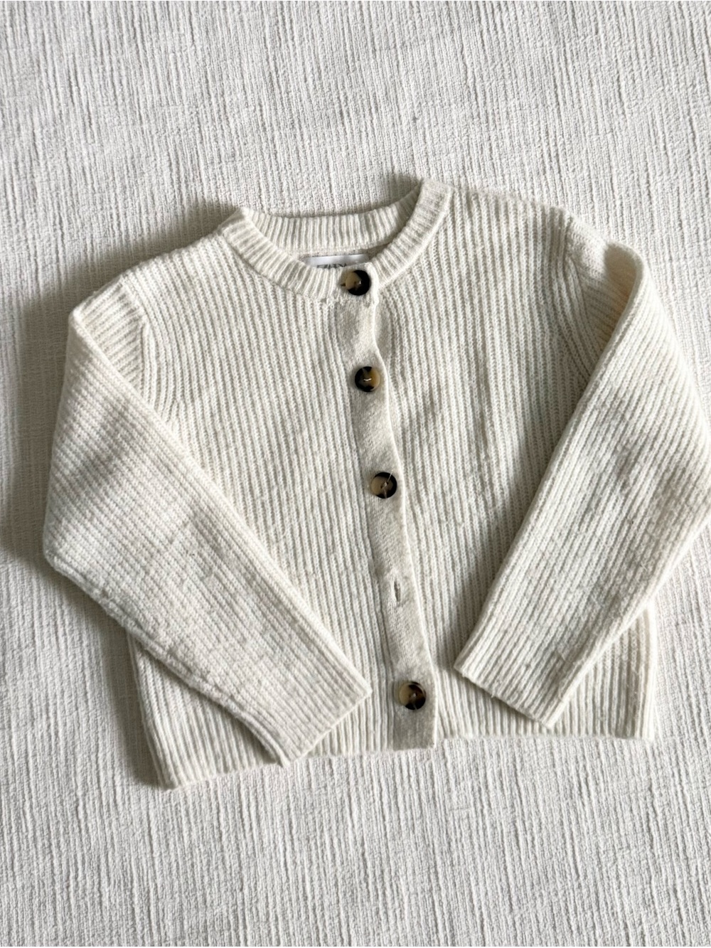 Cream Ribbed Button-Front Girls Cardigan Sweater